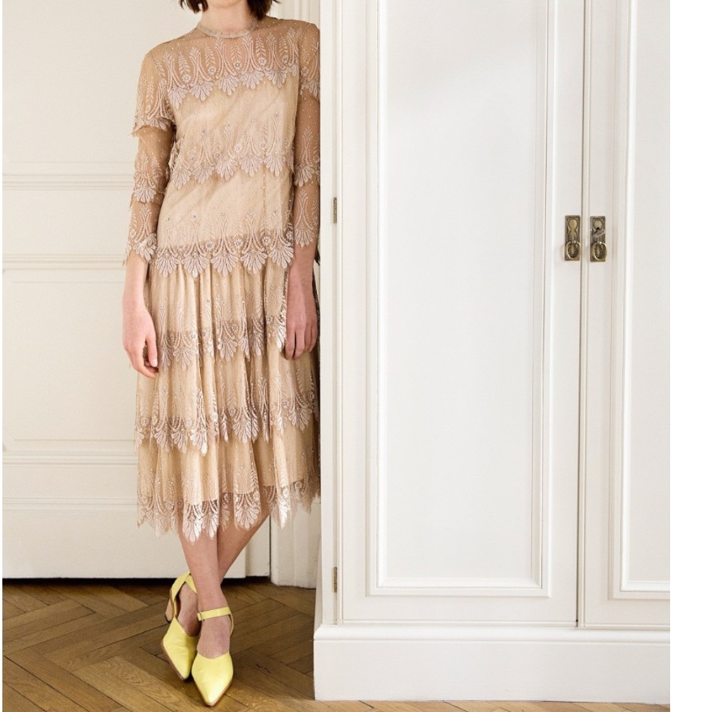Vintage RINA DI MONTELLA 100% Silk Tiered Lace Designer Midi Dress Size 8